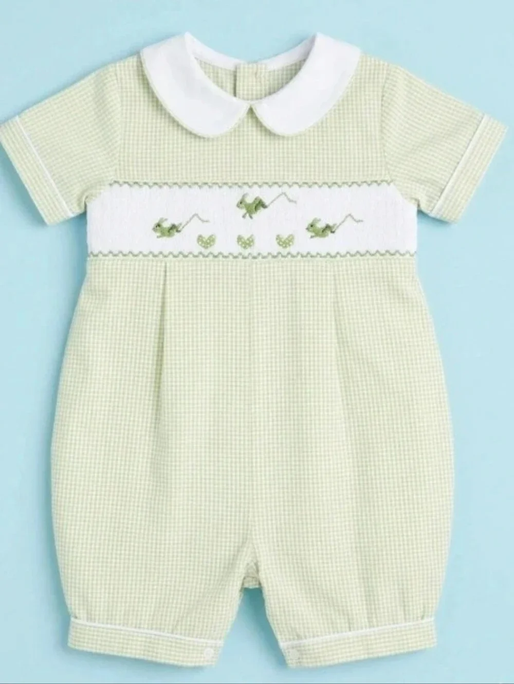 VTG Royal Child Smocked Seersucker Grasshopper Romper Bubble 24M Green Gingham